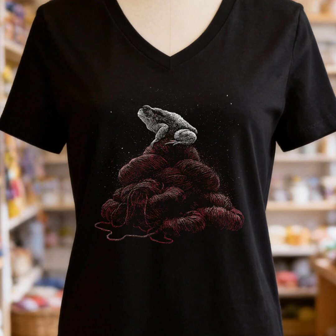 Toad On Yarn Black V Neck.jpg