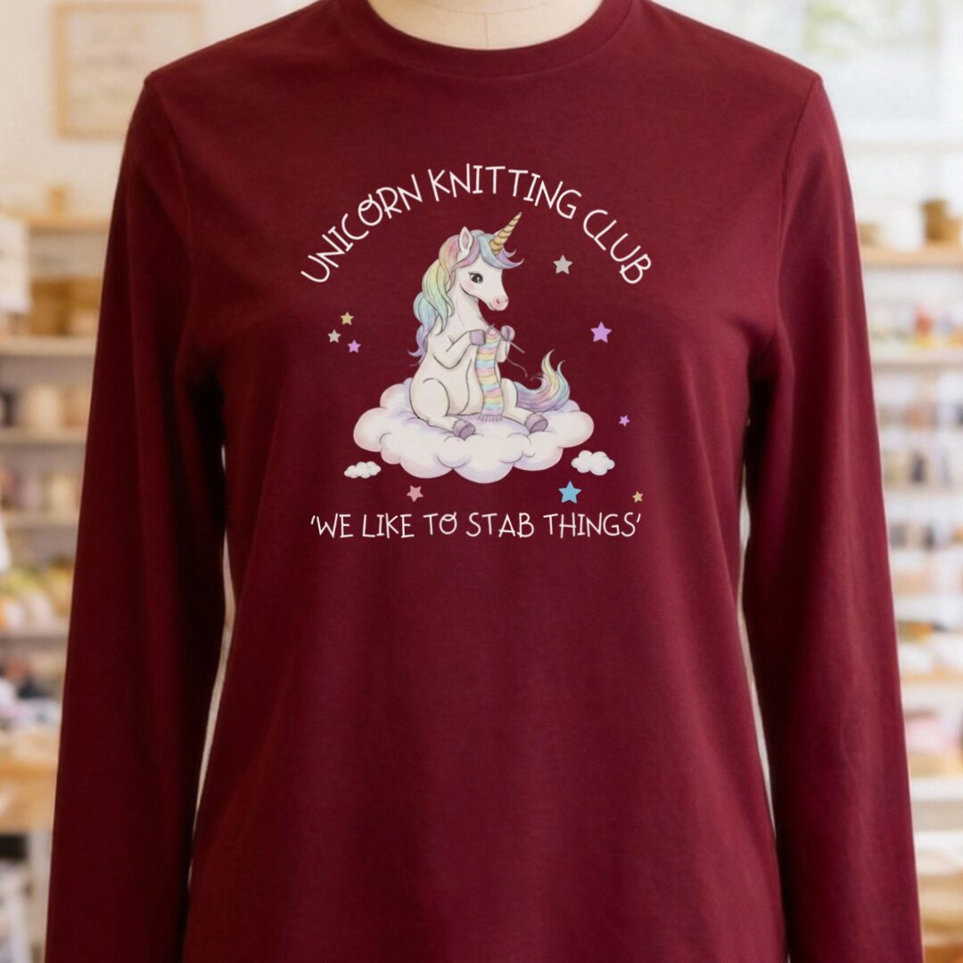 Unicorn Knitting Club Long Sleeve Tee Maroon t-shirt