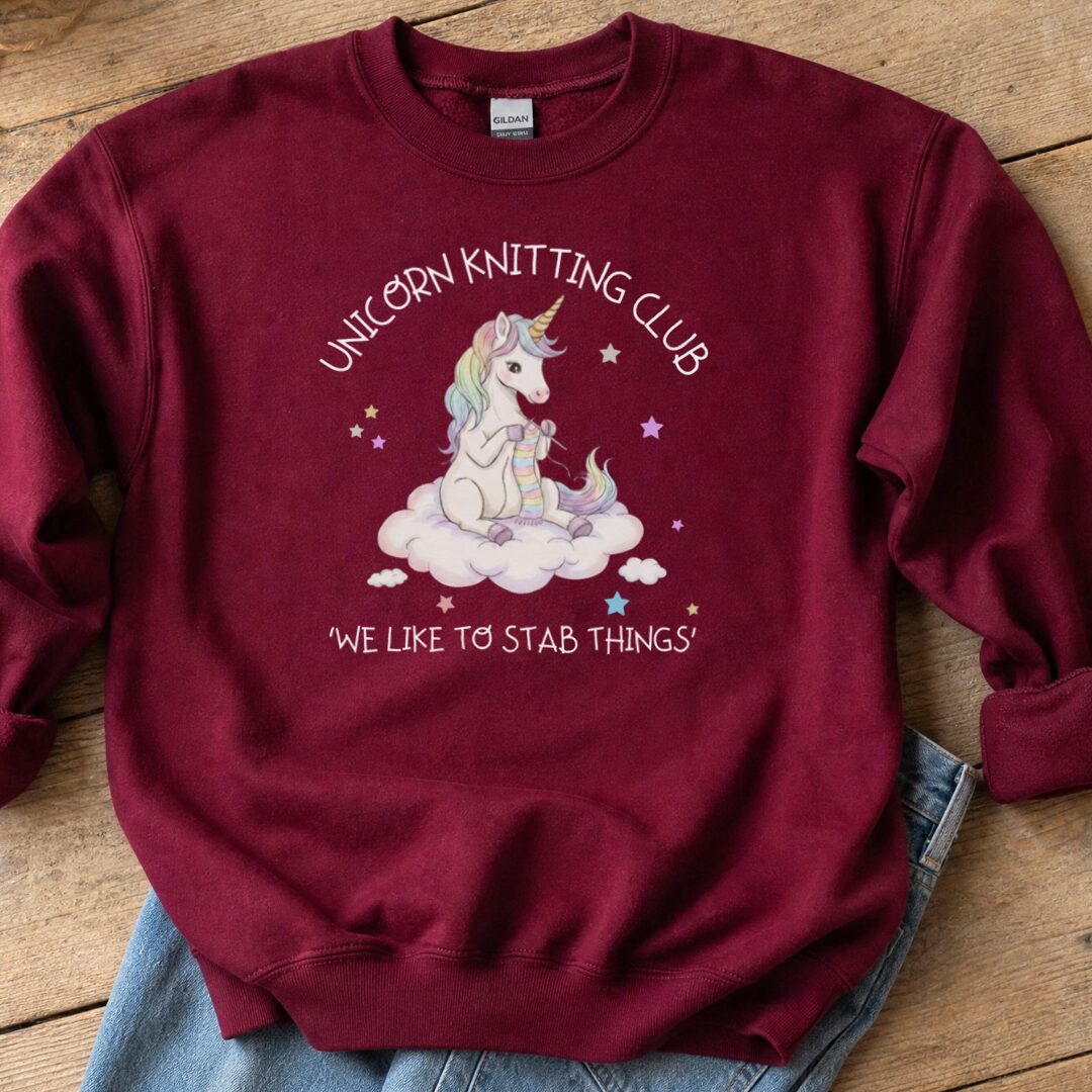 Unicorn Knitting Club Sweatshirt Maroon t-shirt