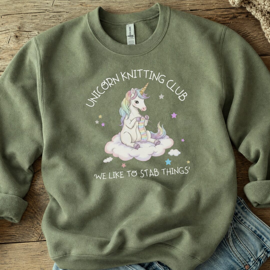Unicorn Knitting Club Sweatshirt Military Green t-shirt