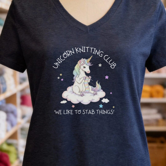 Unicorn Knitting Club V-Neck T-Shirt Navy t-shirt