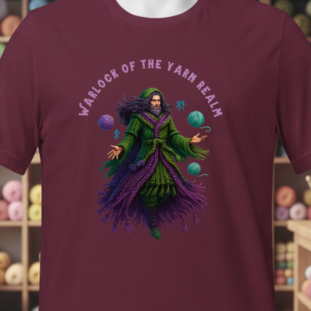 Warlock of the Yarn Realm T-Shirt Maroon t-shirt