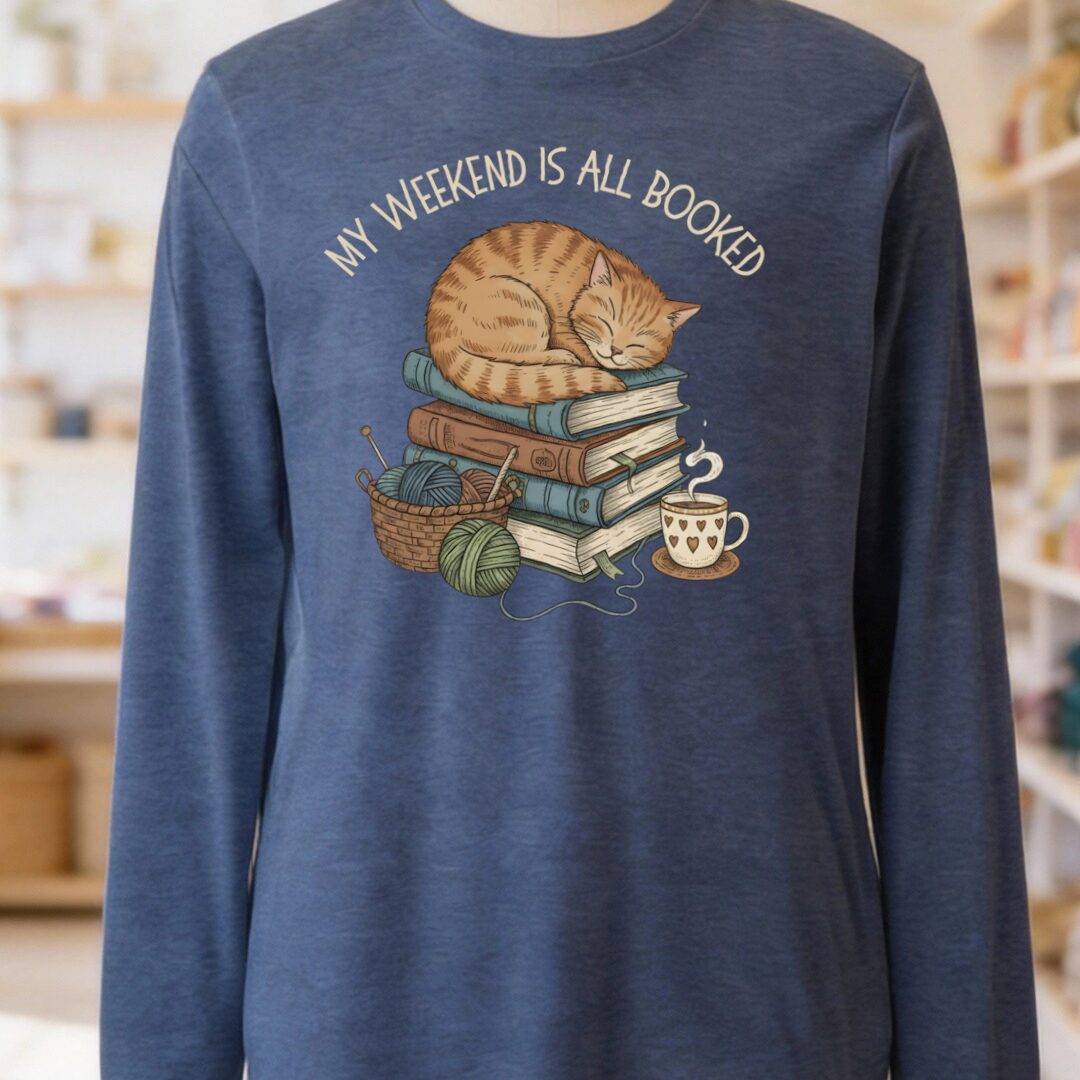 Weekend Booked Long Sleeve Tee Heather Navy t-shirt
