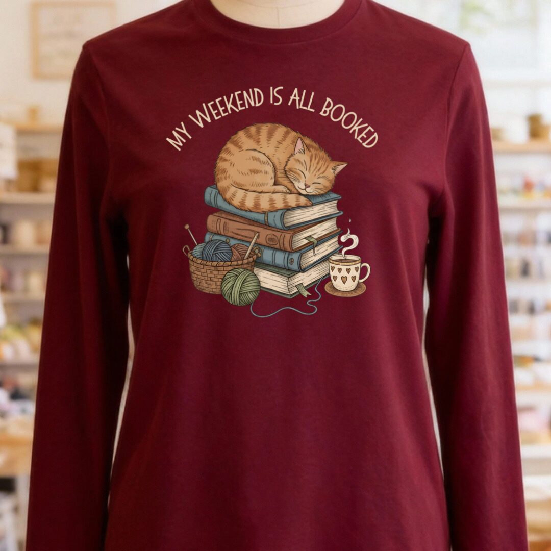Weekend Booked Long Sleeve Tee Maroon t-shirt