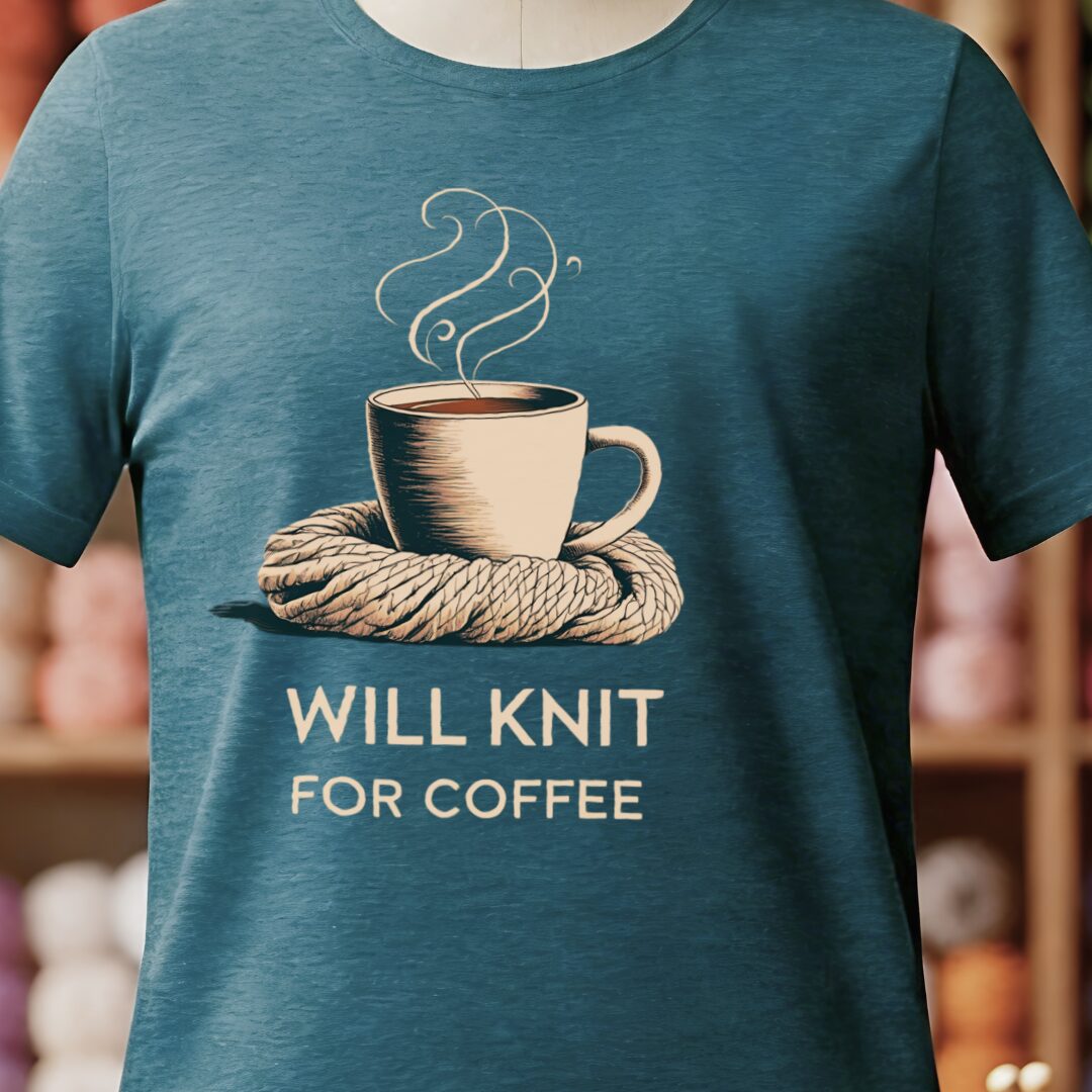 Will Knit for Coffee T-Shirt Classic Teal Blue t-shirt