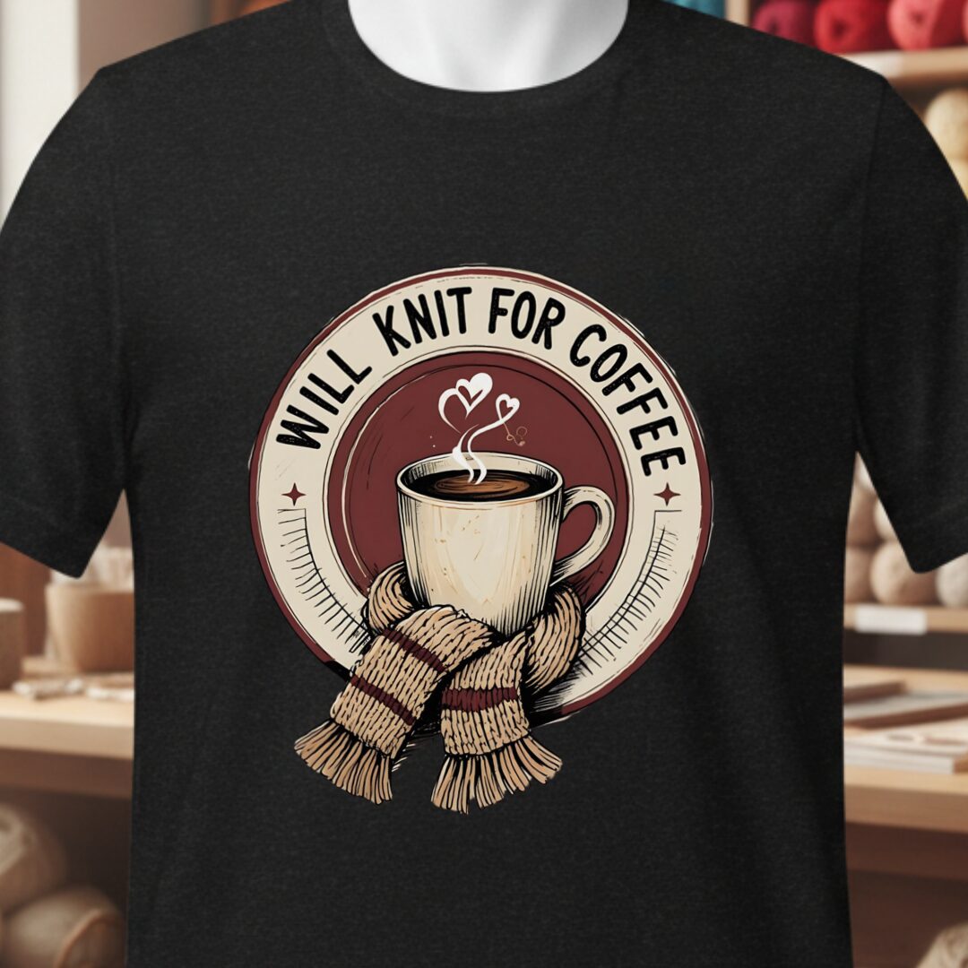 Will Knit for Coffee T-Shirt (circle) Black t-shirt