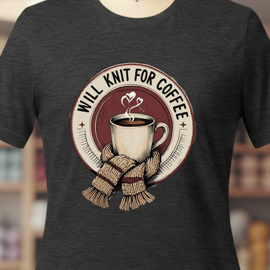 Will Knit for Coffee T-Shirt (circle) Dark Grey t-shirt
