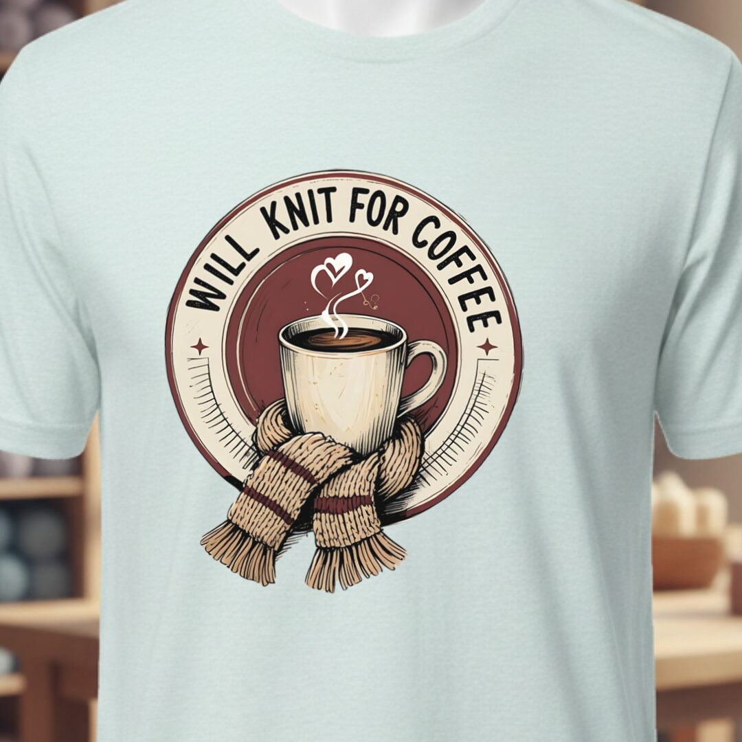 Will Knit for Coffee T-Shirt (circle) Ice Blue t-shirt