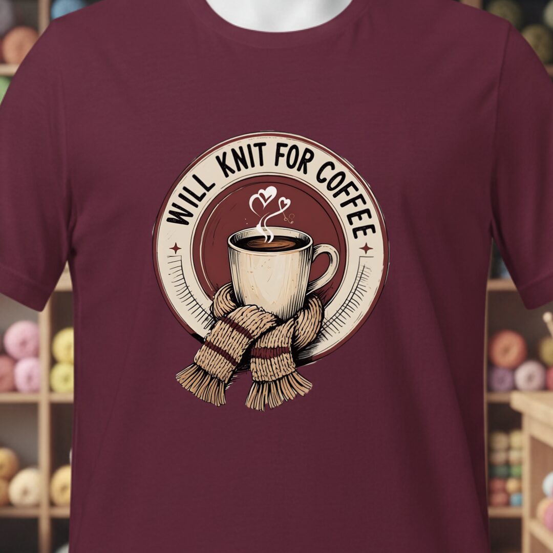 Will Knit for Coffee T-Shirt (circle) Maroon t-shirt