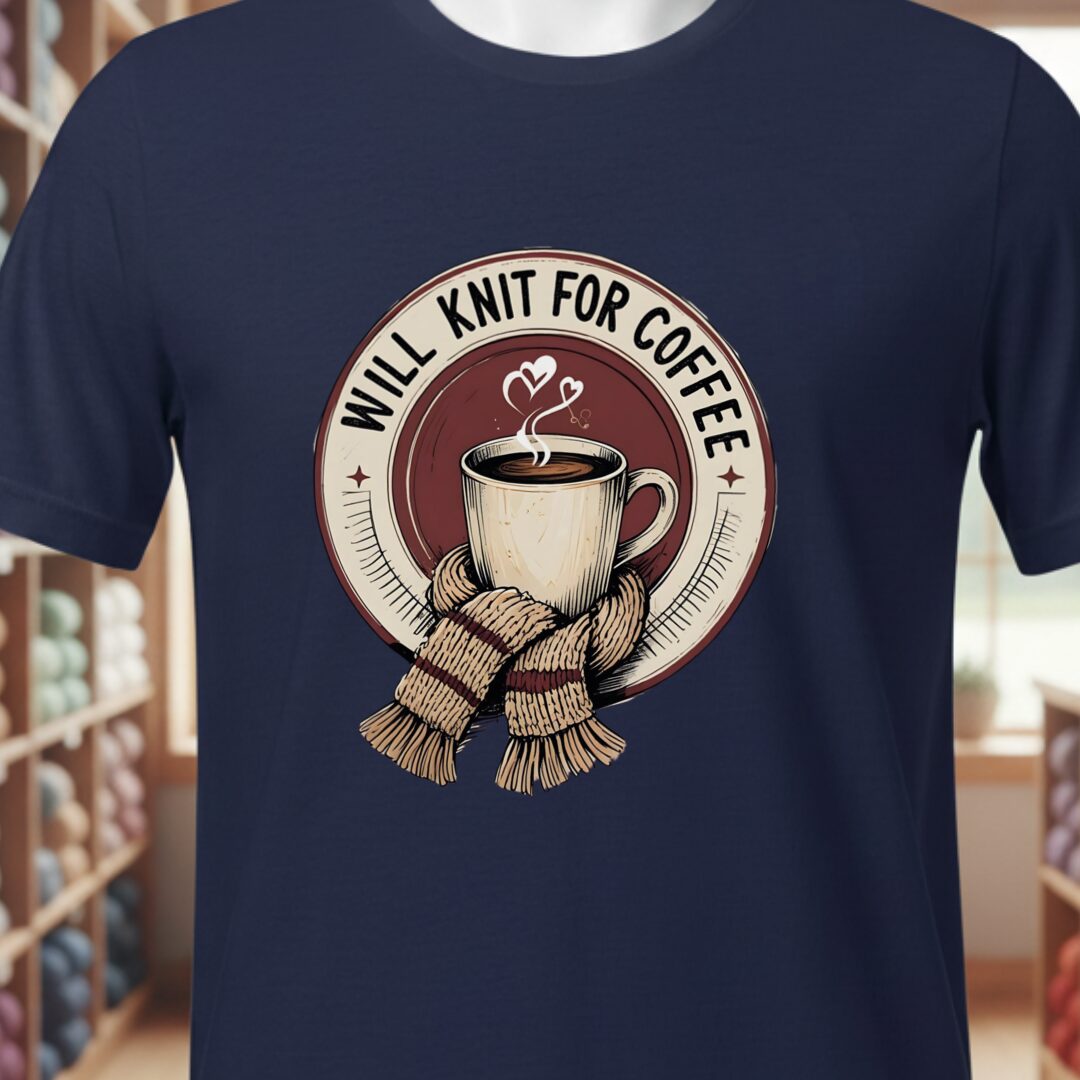 Will Knit for Coffee T-Shirt (circle) Navy t-shirt