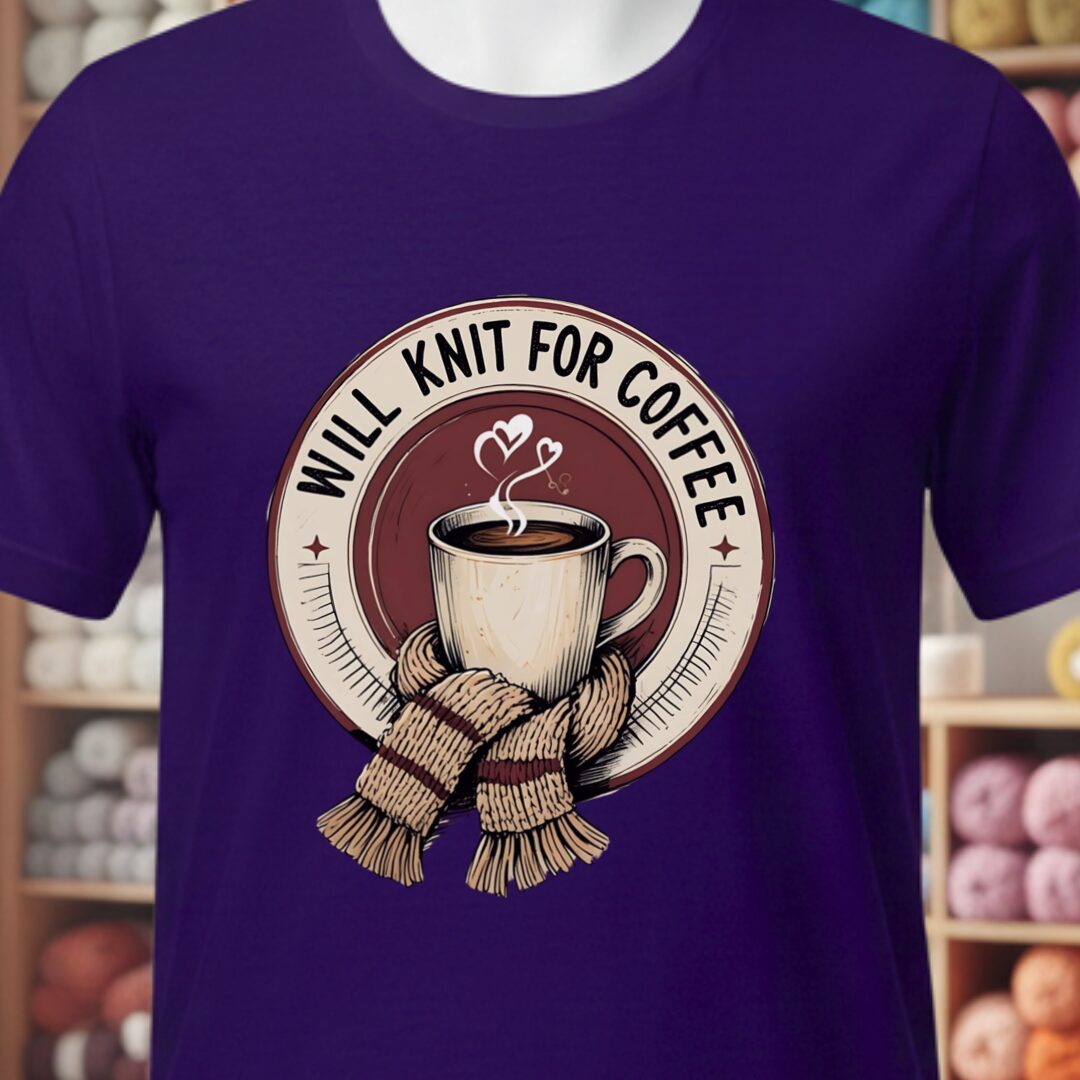 Will Knit for Coffee T-Shirt (circle) Purple t-shirt