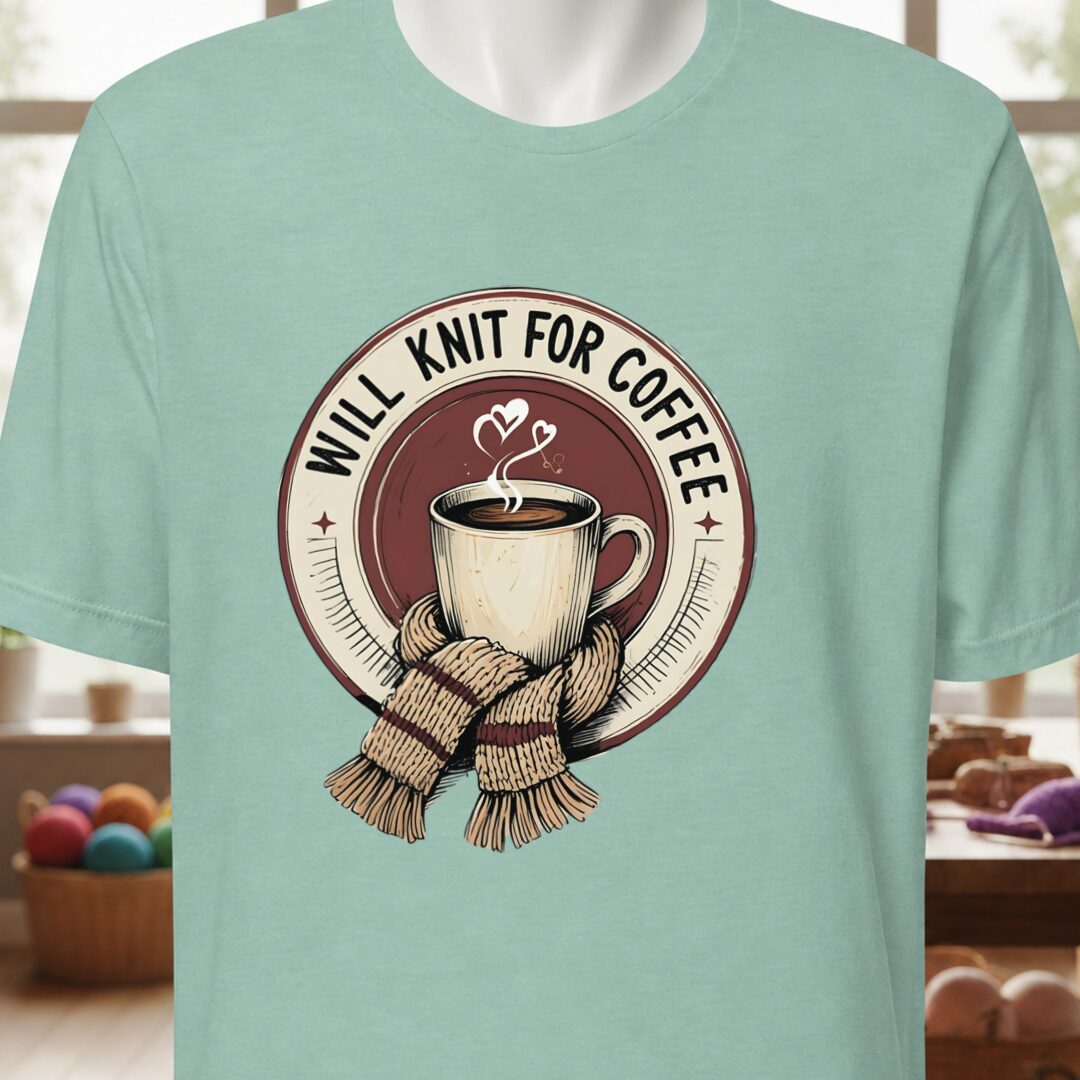 Will Knit for Coffee T-Shirt (circle) Sea Breeze t-shirt