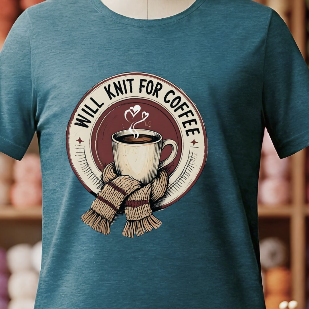 Will Knit for Coffee T-Shirt (circle) Teal Blue t-shirt