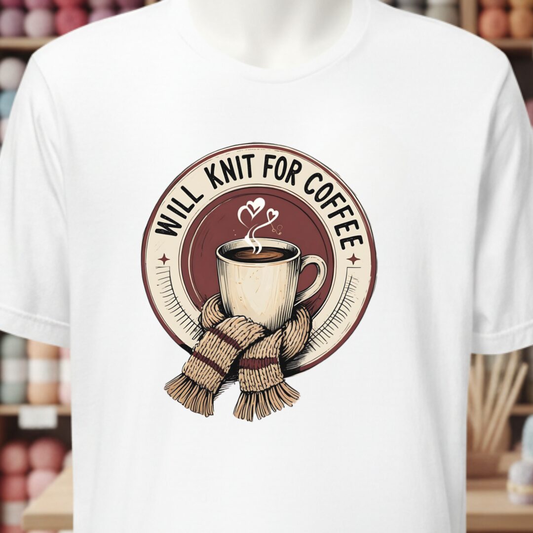 Will Knit for Coffee T-Shirt (circle) White t-shirt