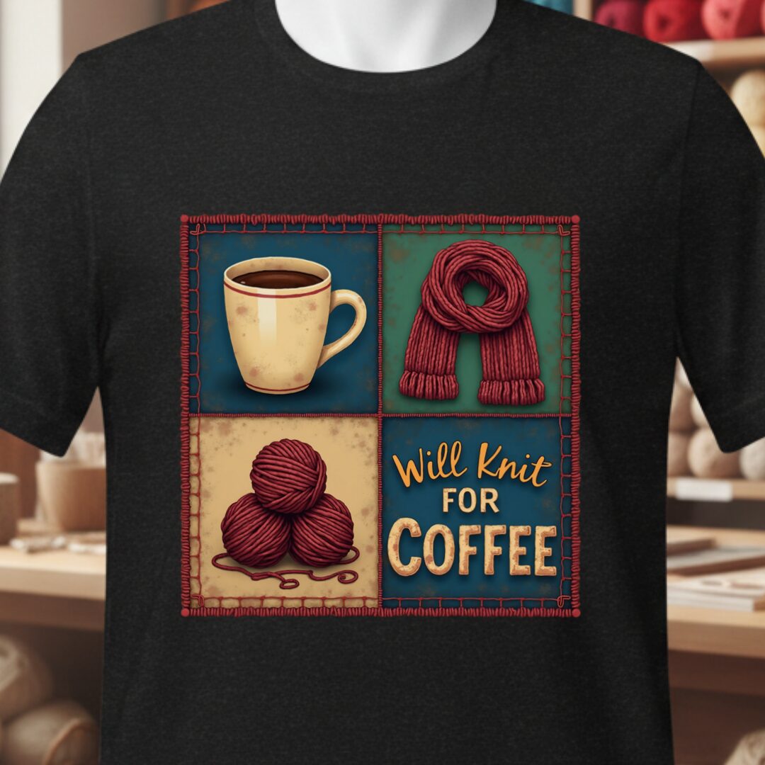 Will Knit for Coffee T-Shirt (square) Black t-shirt
