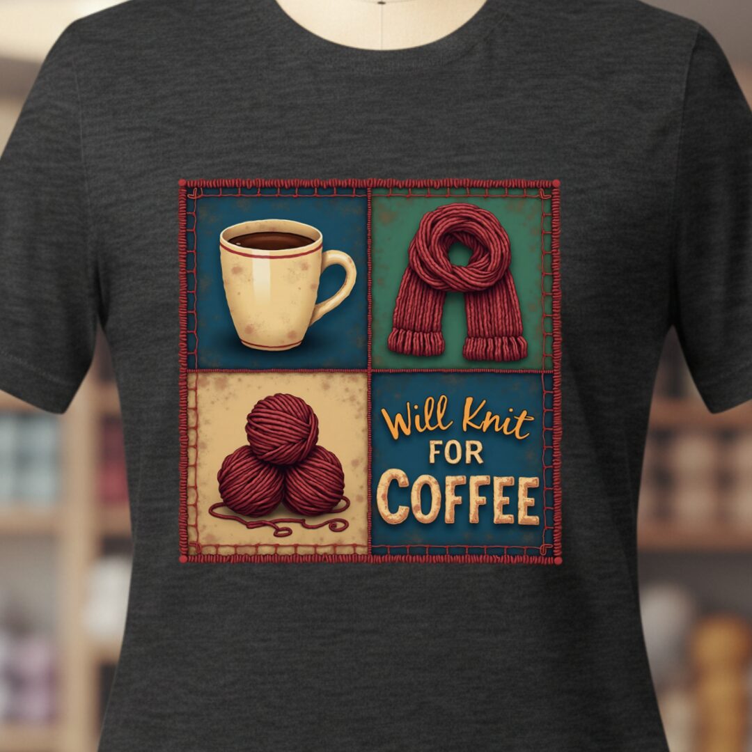 Will Knit for Coffee T-Shirt (square) Dark Grey t-shirt