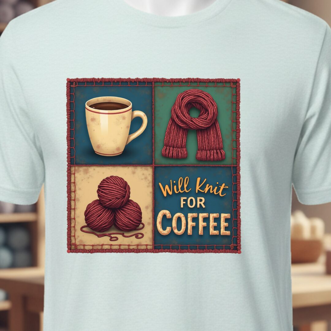 Will Knit for Coffee T-Shirt (square) Ice Blue t-shirt