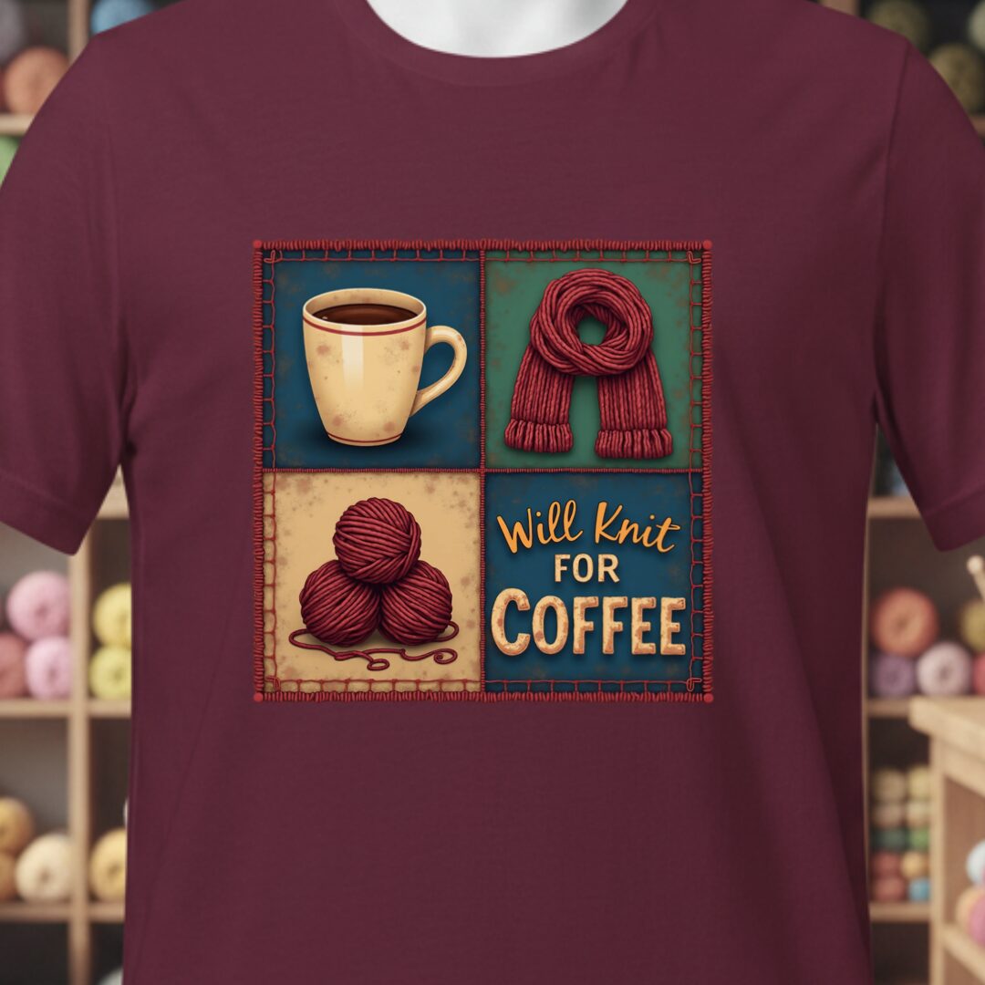 Will Knit for Coffee T-Shirt (square) Maroon t-shirt