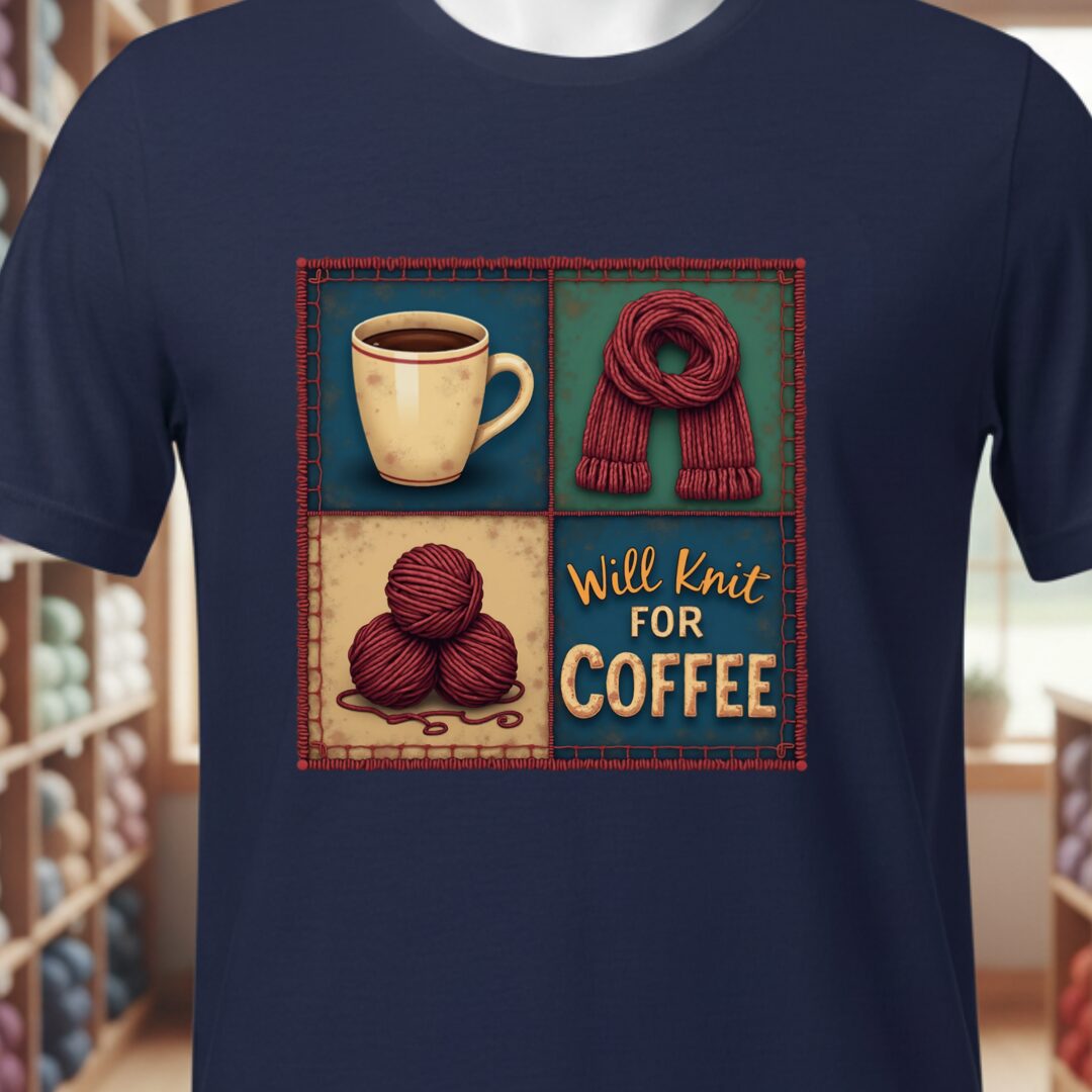 Will Knit for Coffee T-Shirt (square) Navy t-shirt