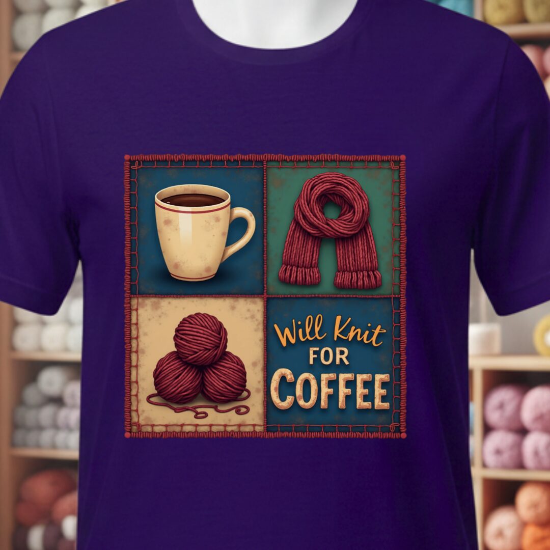 Will Knit for Coffee T-Shirt (square) Purple t-shirt