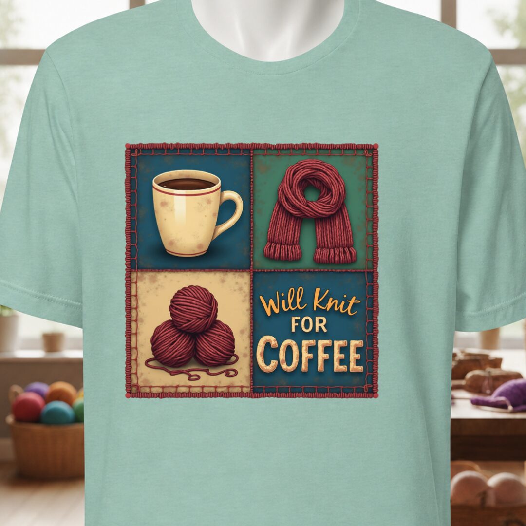 Will Knit for Coffee T-Shirt (square) Sea Breeze t-shirt