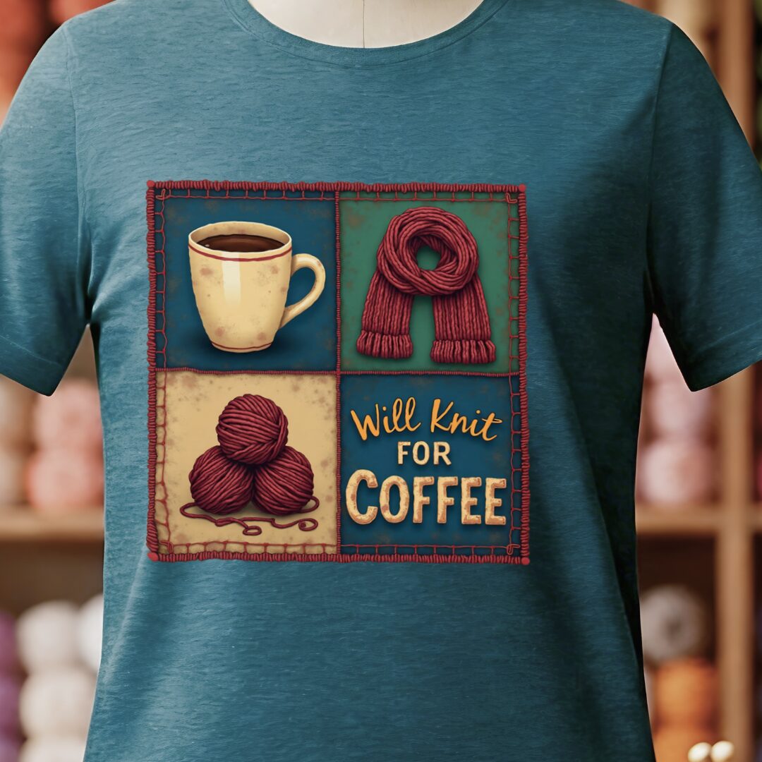 Will Knit for Coffee T-Shirt (square) Teal Blue t-shirt