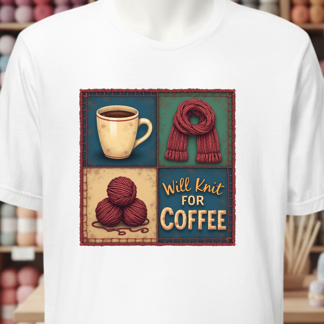 Will Knit for Coffee T-Shirt (square) White t-shirt