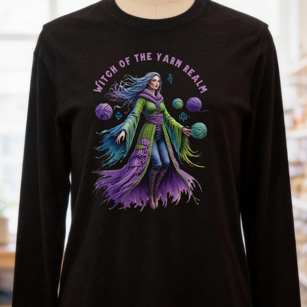 Witch of the Yarn Realm Long Sleeve Tee Black Heather t-shirt