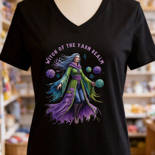 Witch of the Yarn Realm V-Neck T-Shirt Black t-shirt