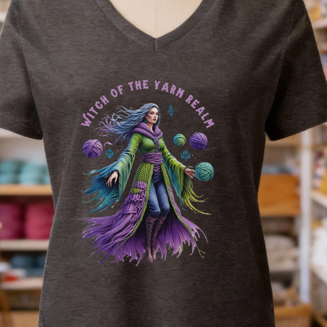 Witch of the Yarn Realm V-Neck T-Shirt Dark Grey t-shirt