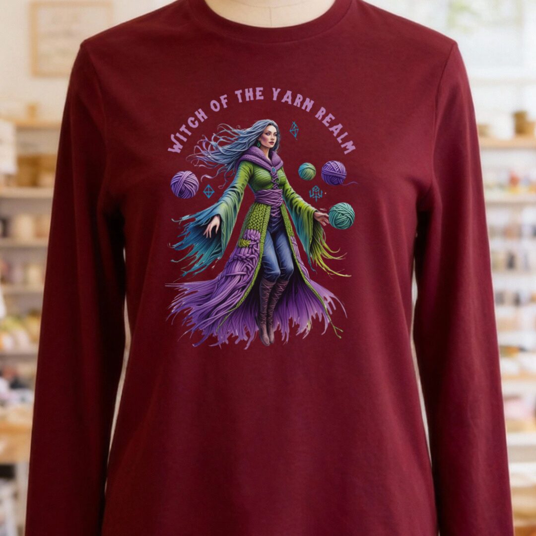 Witch of the Yarn Realm Long Sleeve Tee Maroon t-shirt