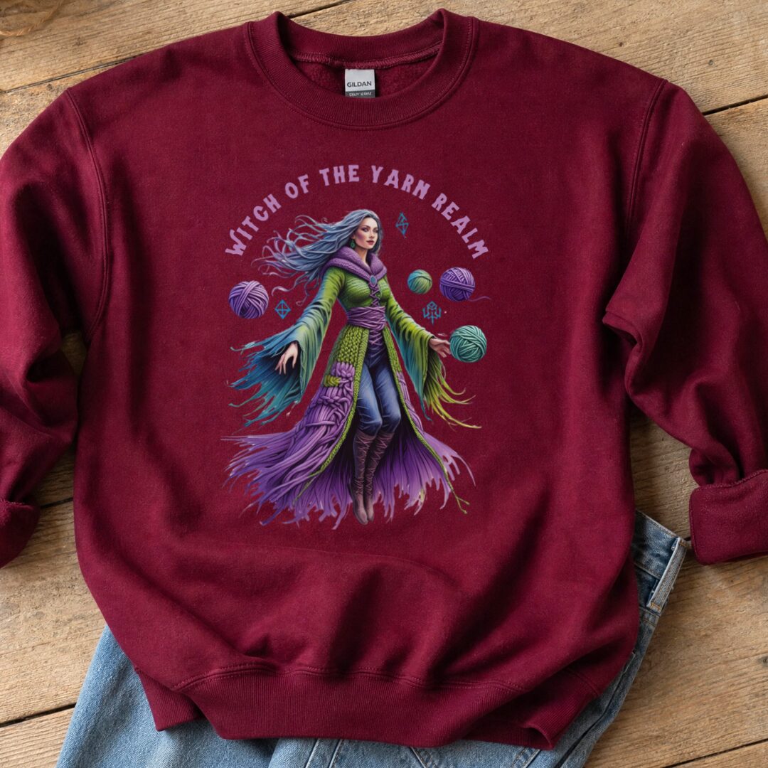 Witch of the Yarn Realm Sweatshirt Maroon t-shirt