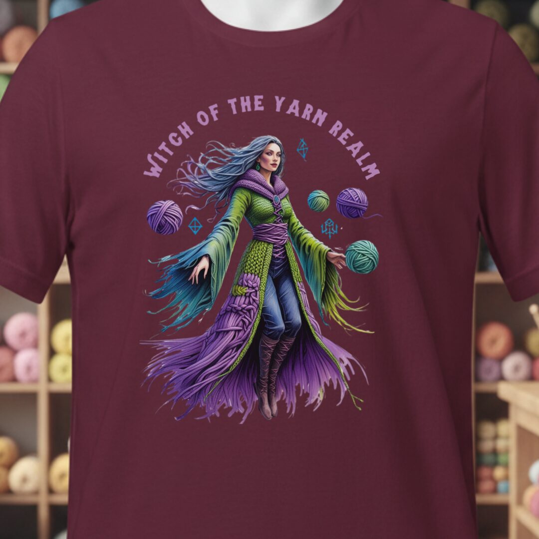 Witch of the Yarn Realm T-Shirt Maroon t-shirt