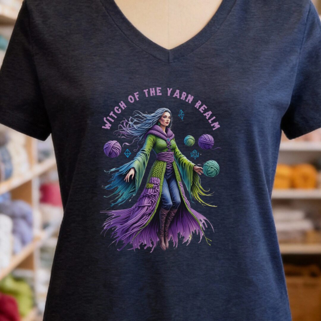 Witch of the Yarn Realm V-Neck T-Shirt Navy t-shirt