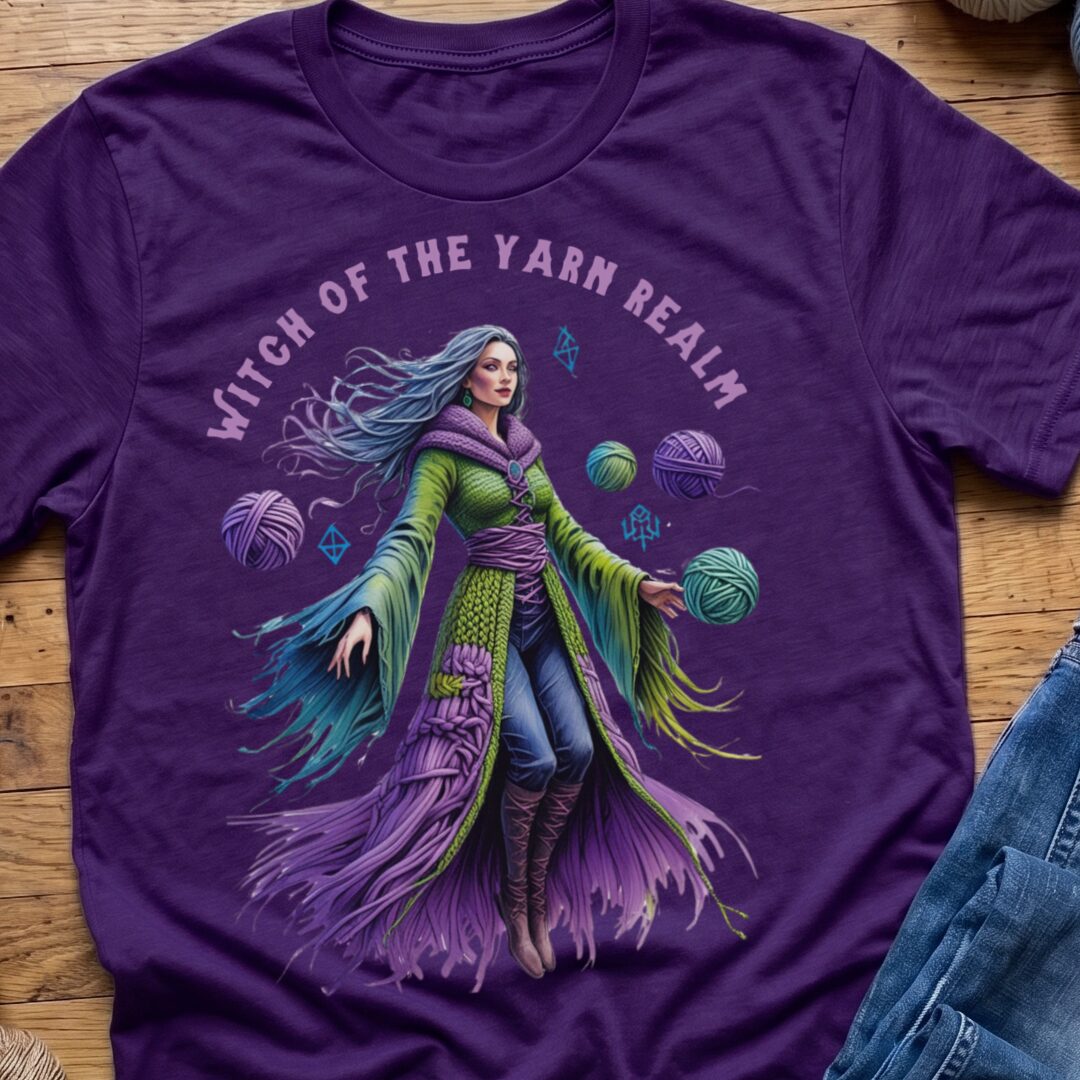 Witch of the Yarn Realm T-Shirt Purple t-shirt