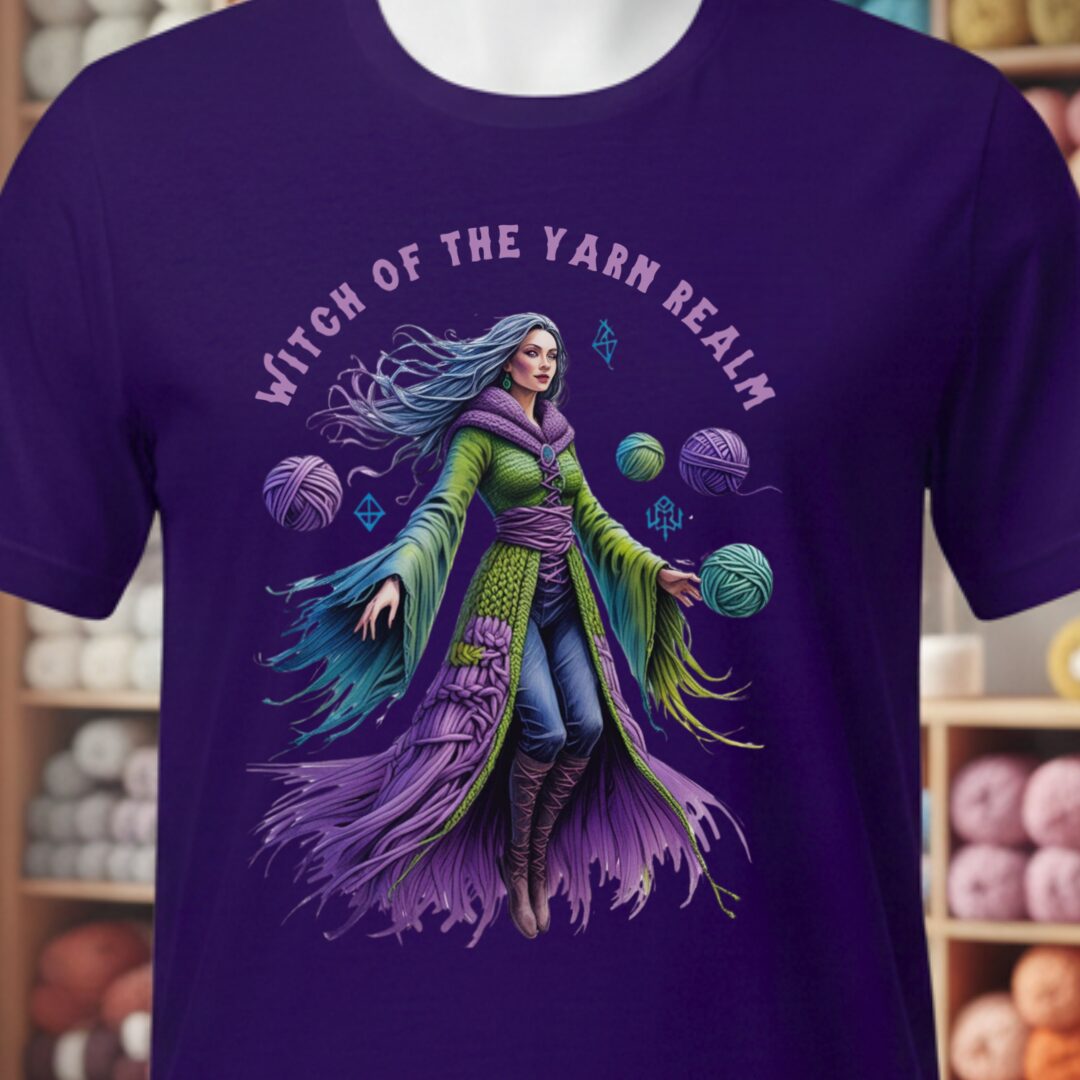 Witch of the Yarn Realm T-Shirt Purple t-shirt