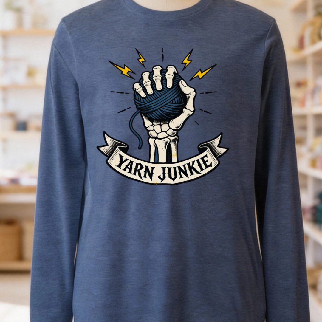 Yarn Junkie Long Sleeve Tee Heather Navy t-shirt