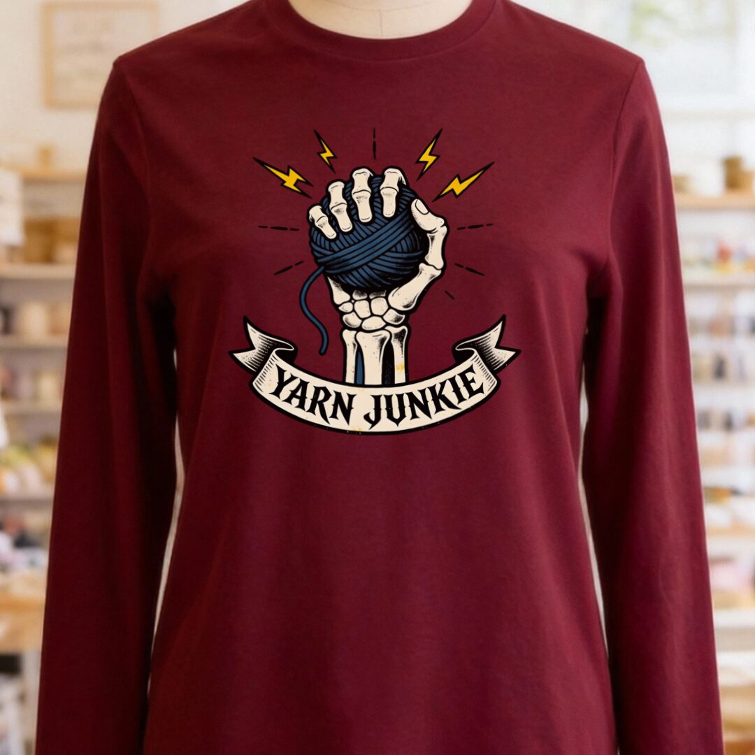 Yarn Junkie Long Sleeve Tee Maroon t-shirt