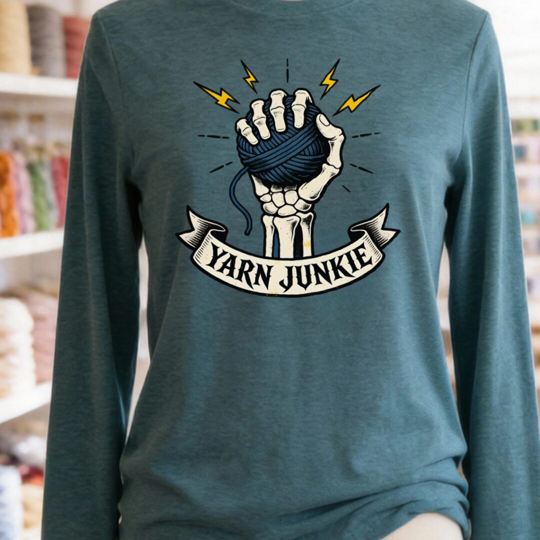 Yarn Junkie Long Sleeve Tee Heather Deep Teal t-shirt
