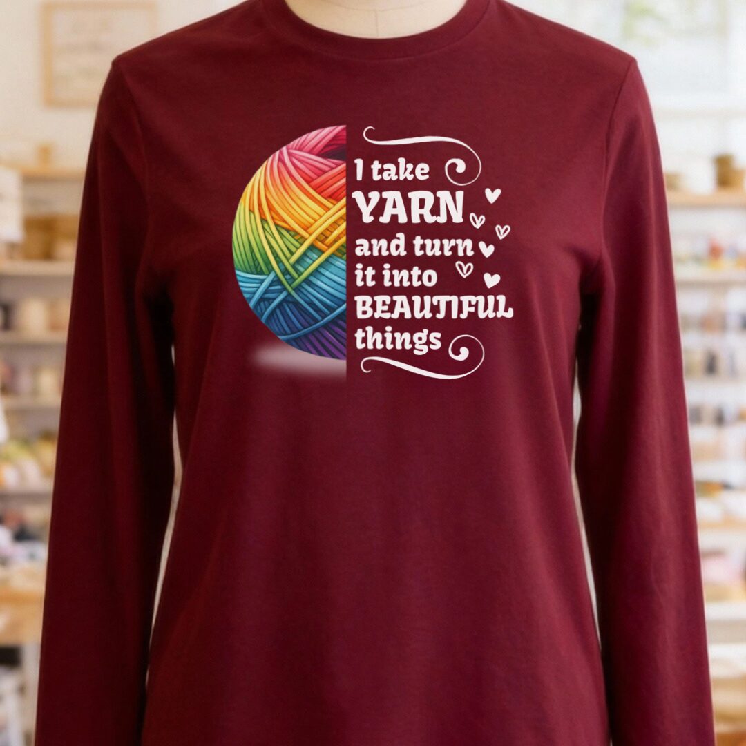 Yarn to Beauty Long Sleeve Tee Maroon t-shirt