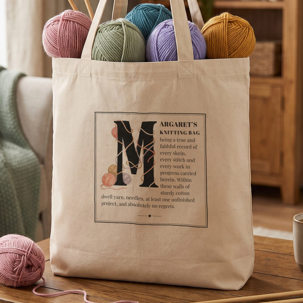 Natural tote bag designed like the first page of an old book, with a huge yarn-wrapped letter M starting Margaret's Knitting Bag