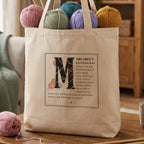 Natural tote bag designed like the first page of an old book, with a huge yarn-wrapped letter M starting Margaret's Knitting Bag