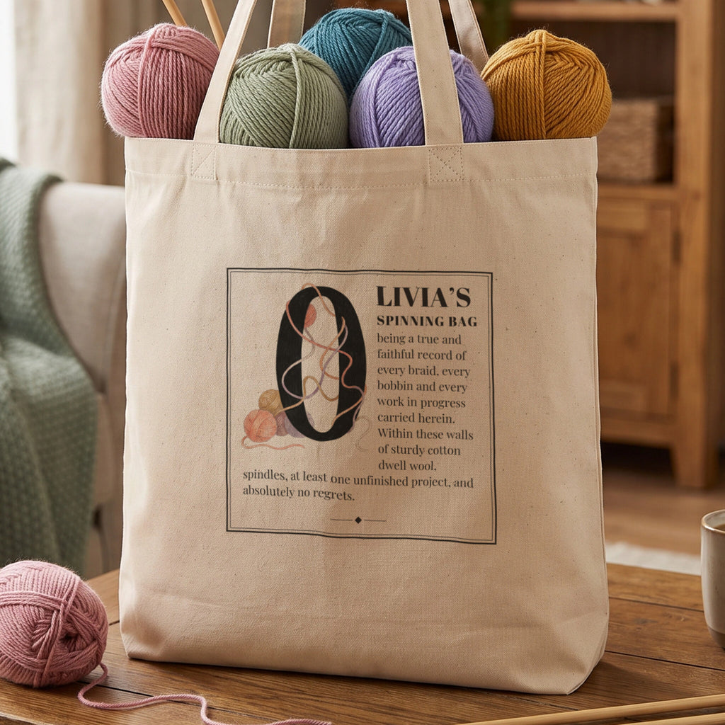 Natural tote bag with the storybook design, a yarn-wrapped letter O starting Olivia's Spinning Bag