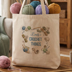 Natural tote bag reading Emily's Crochet Things, framed by illustrated yarn, hooks and sheep
