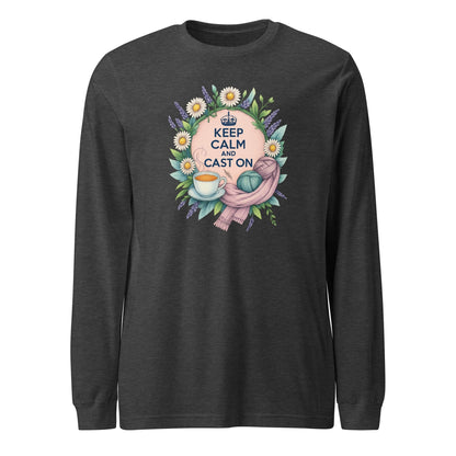 Keep Calm and Cast On Long Sleeve Tee Dark Grey Heather / XS