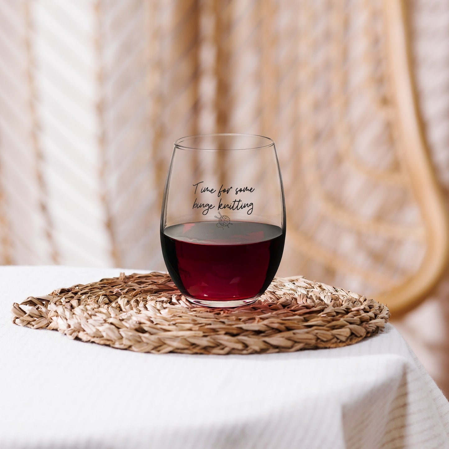 'Binge Knitting' Stemless wine glass