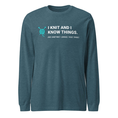 I Knit & Know Things Long Sleeve Tee Heather Deep Teal / S