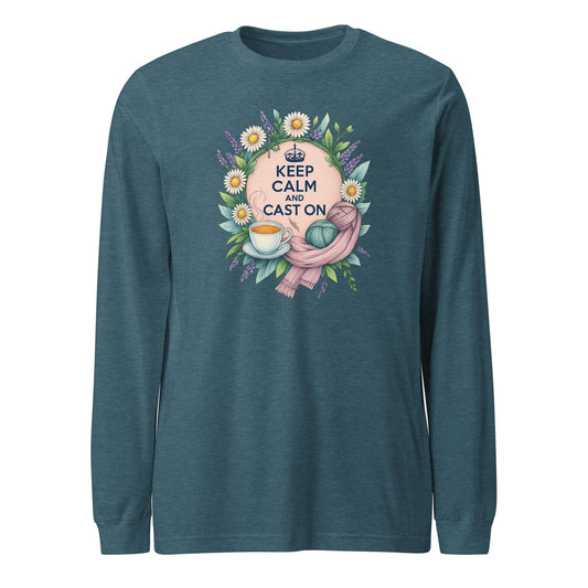 Keep Calm and Cast On Long Sleeve Tee Heather Deep Teal / XS