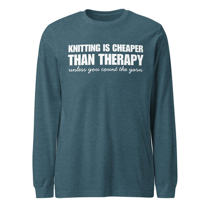 Knitting is Cheaper Long Sleeve Tee Heather Deep Teal / XS