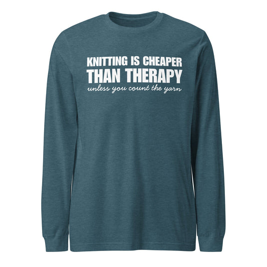 Knitting is Cheaper Long Sleeve Tee Heather Deep Teal / XS